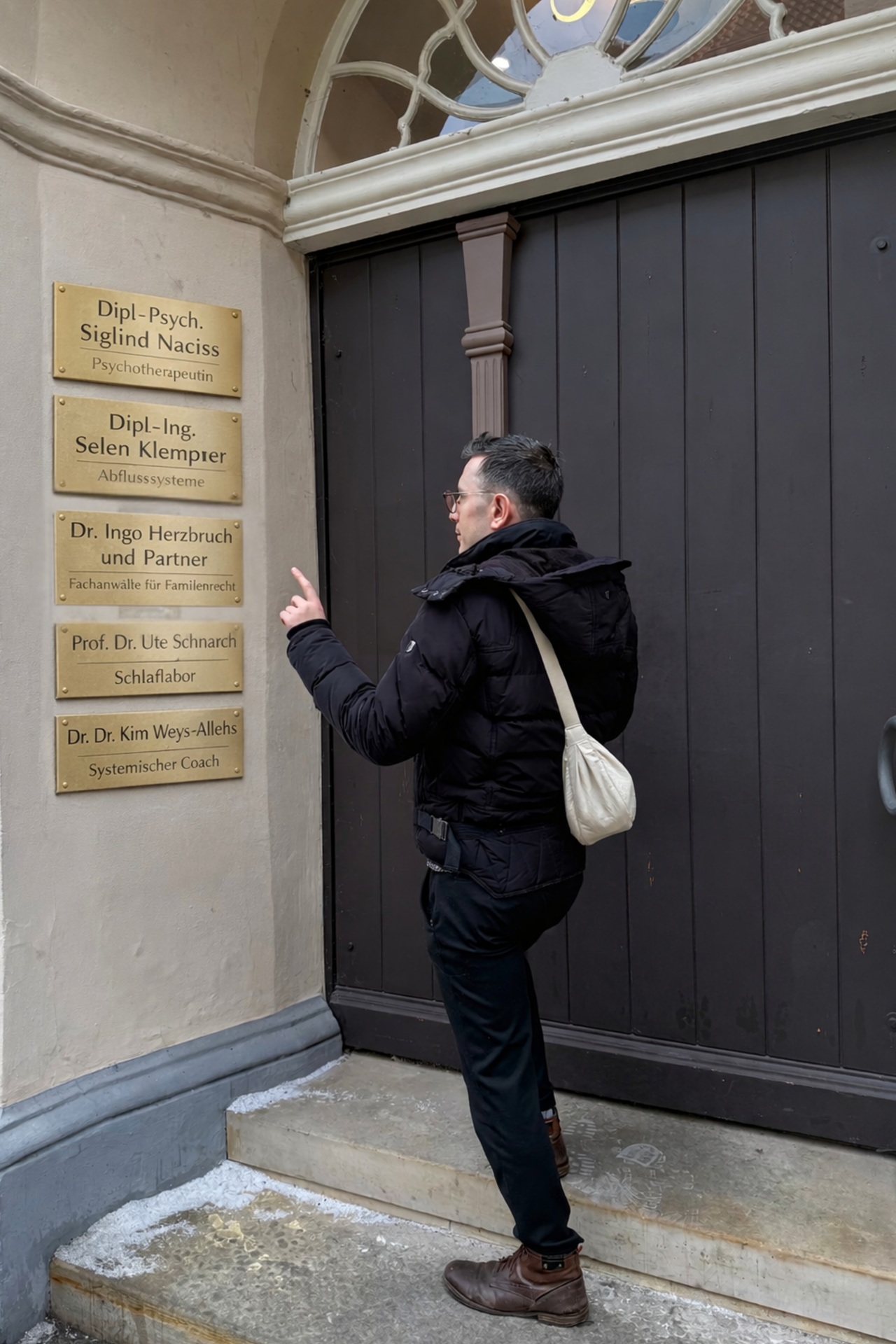Der Germanist Evgenij Unker vor einer KI-gernerierten Schilderwand mit Namens- und Titelangaben.